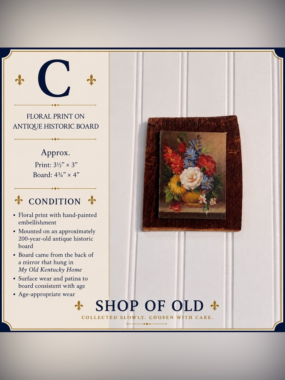 Floral Print with Hand-Painted Detail on 200-Year-Old Antique Historic Board